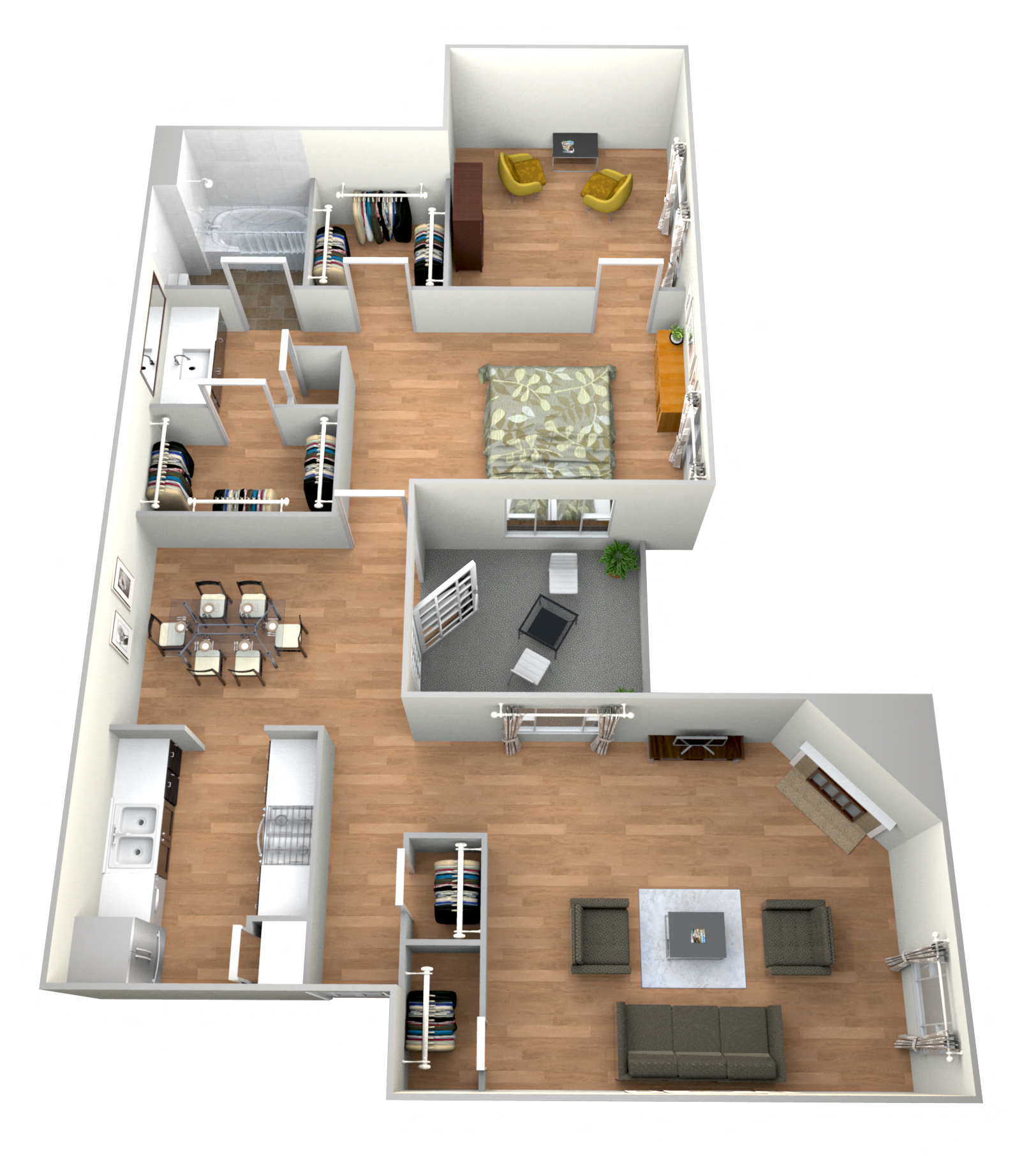 Floor plan for 1 bed, 1 bath, 909 sqft